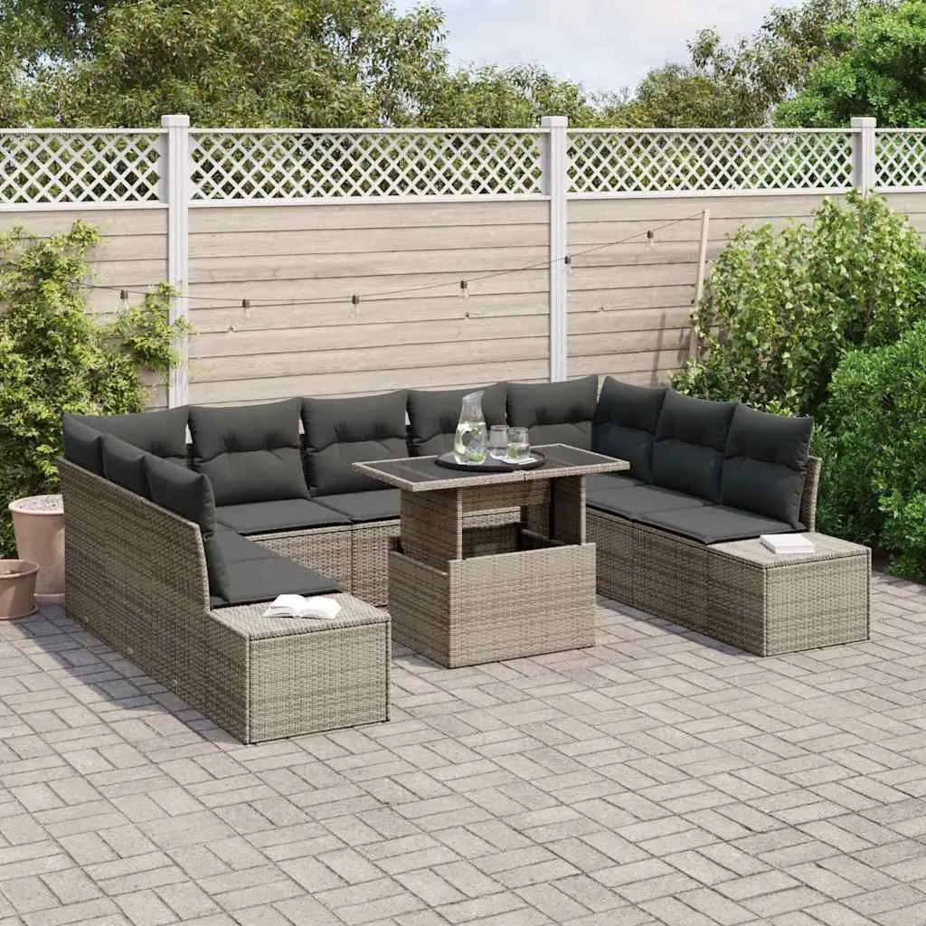 10-Piece Grey Poly Rattan Garden Sofa Set