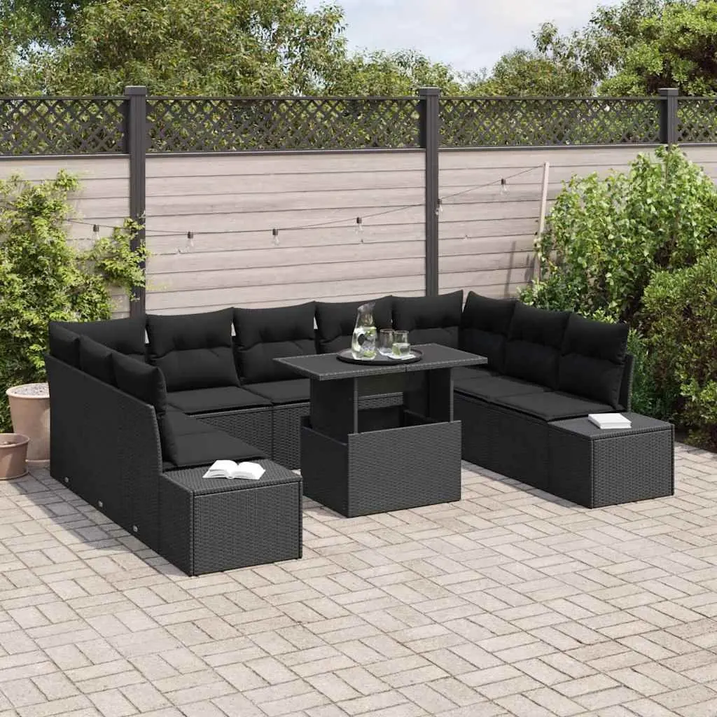10-Piece Black Poly Rattan Garden Sofa Set