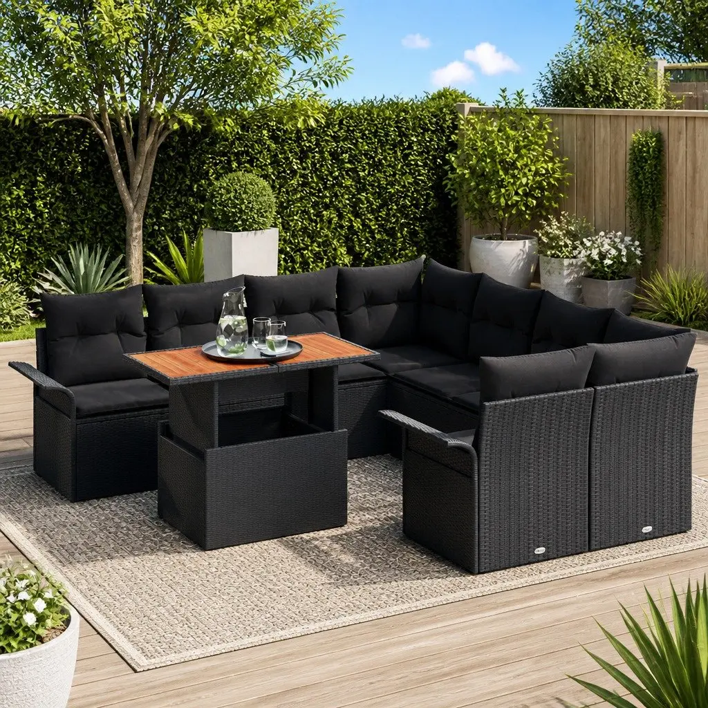 Garden Sofa Set 9 pcs Outdoor Furniture with Storage Black Poly Rattan Modular