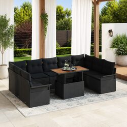 10 Piece Black Poly Rattan Garden Sofa Set with Storage