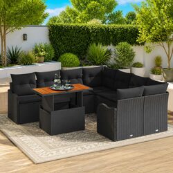 Durable 9-Piece Black Poly Rattan Garden Sofa Set with Storage