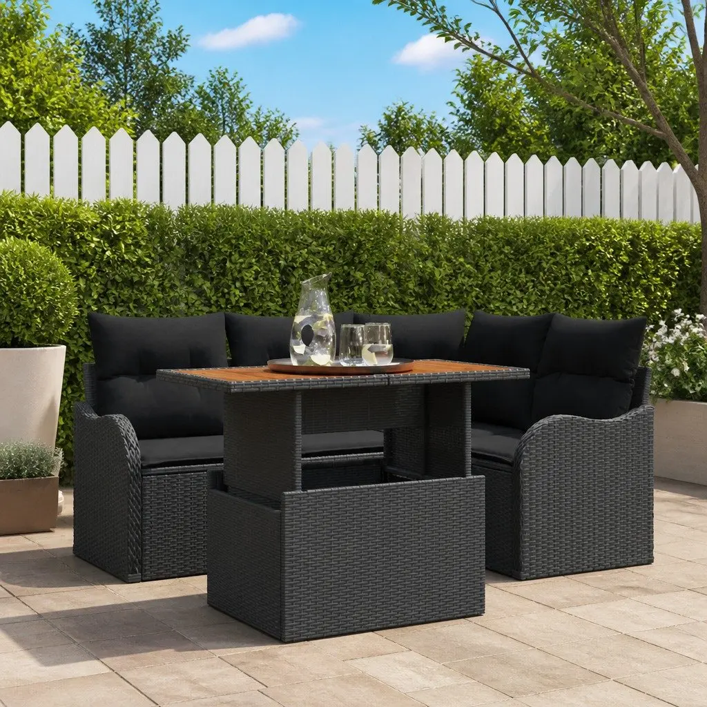 5 Piece Black Poly Rattan Garden Sofa Set with Storage