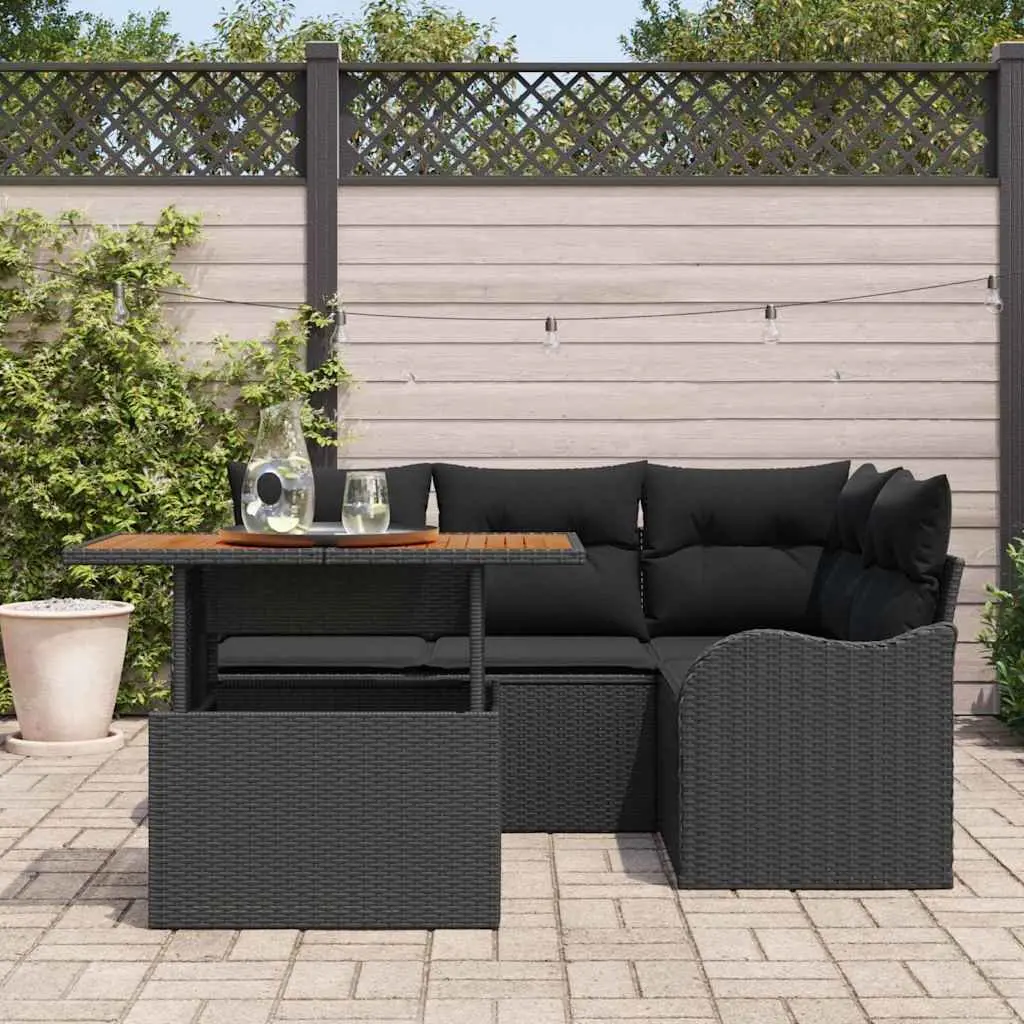 5 Piece Black Poly Rattan Garden Sofa Set with Storage