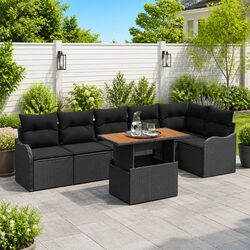 7-Piece Black Poly Rattan Garden Sofa Set with Storage