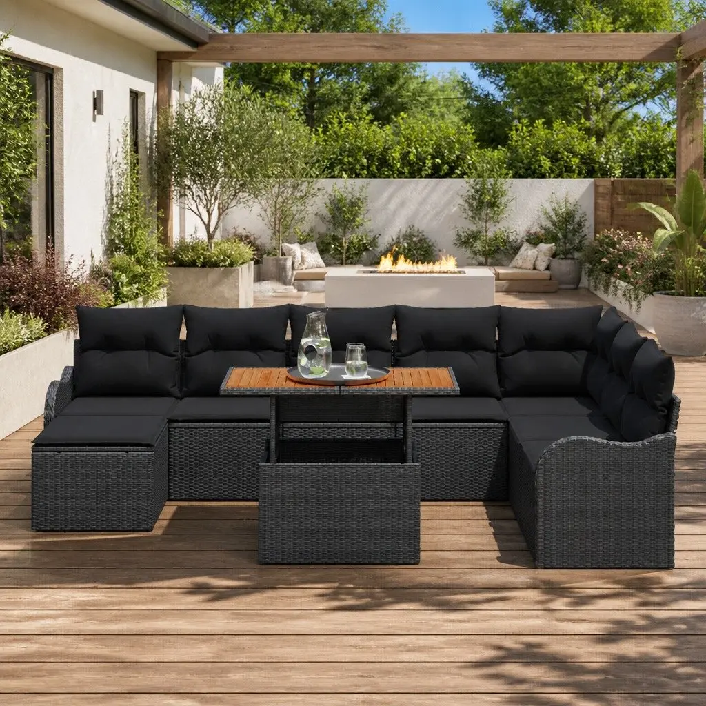 Black 9-Piece Modular Rattan Garden Sofa Set