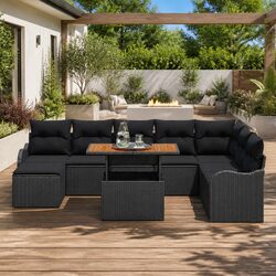Stylish Black 9-Piece Modular Rattan Garden Sofa Set