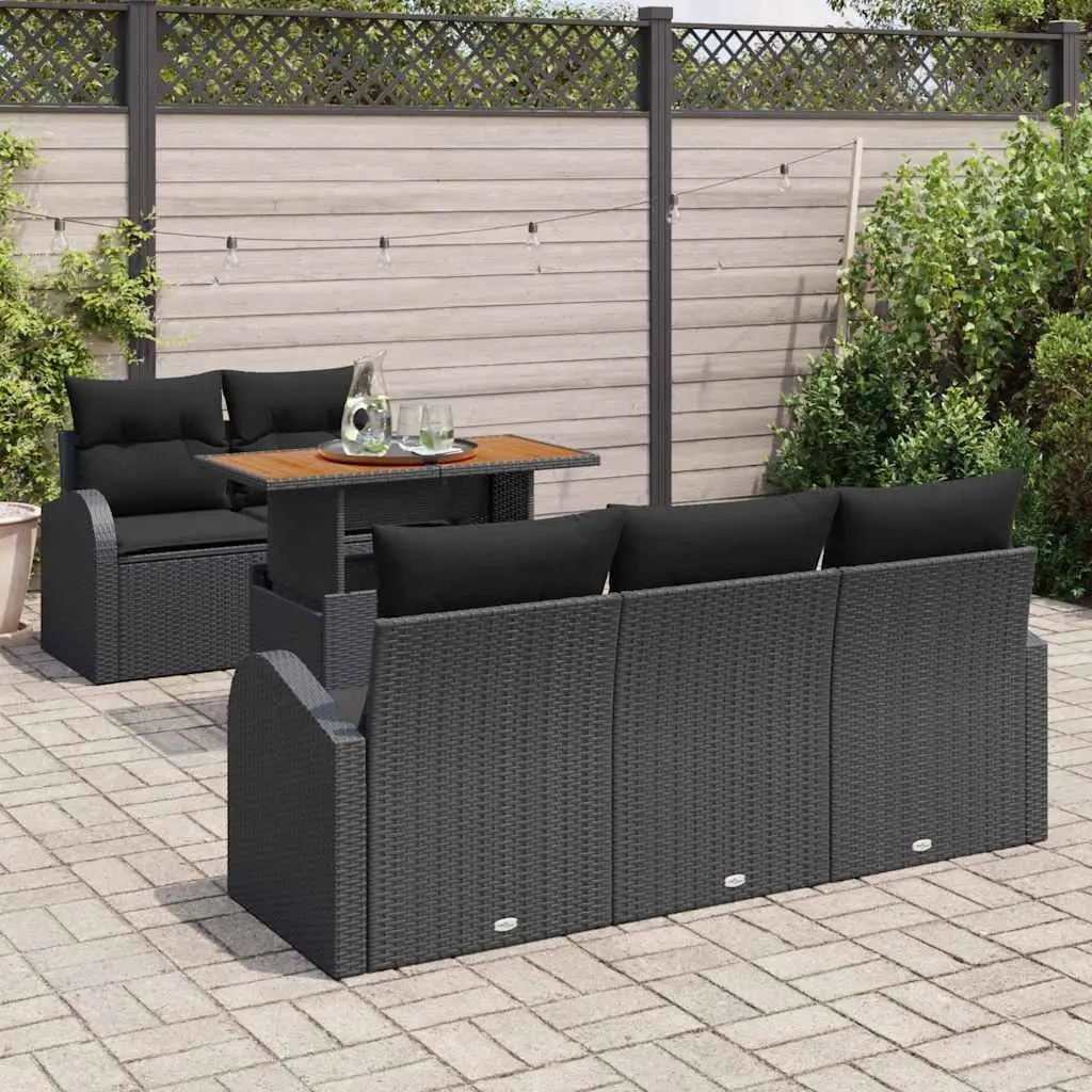 6-Piece Black Poly Rattan Garden Sofa Set with Storage