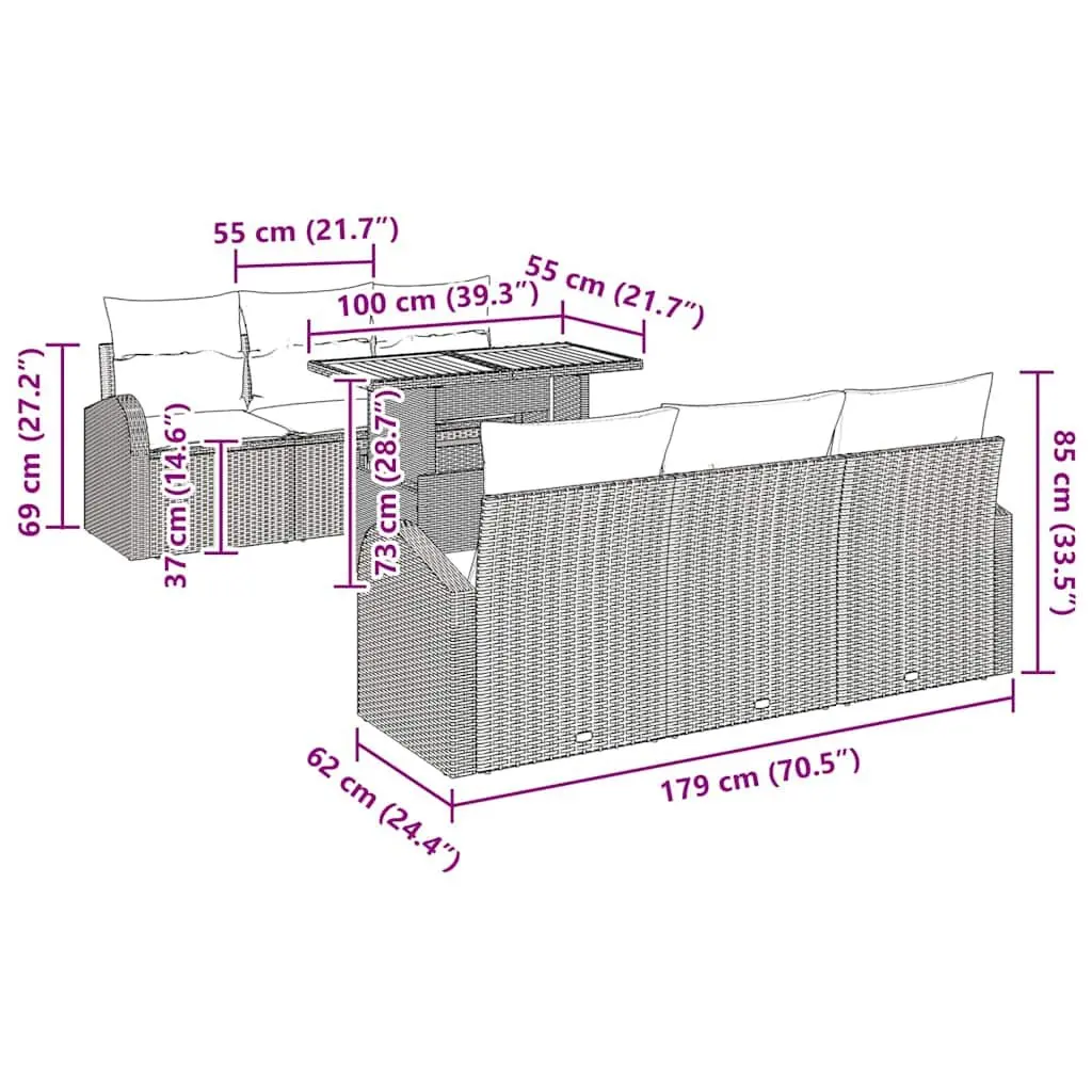 7-Piece Grey Poly Rattan Garden Sofa Set