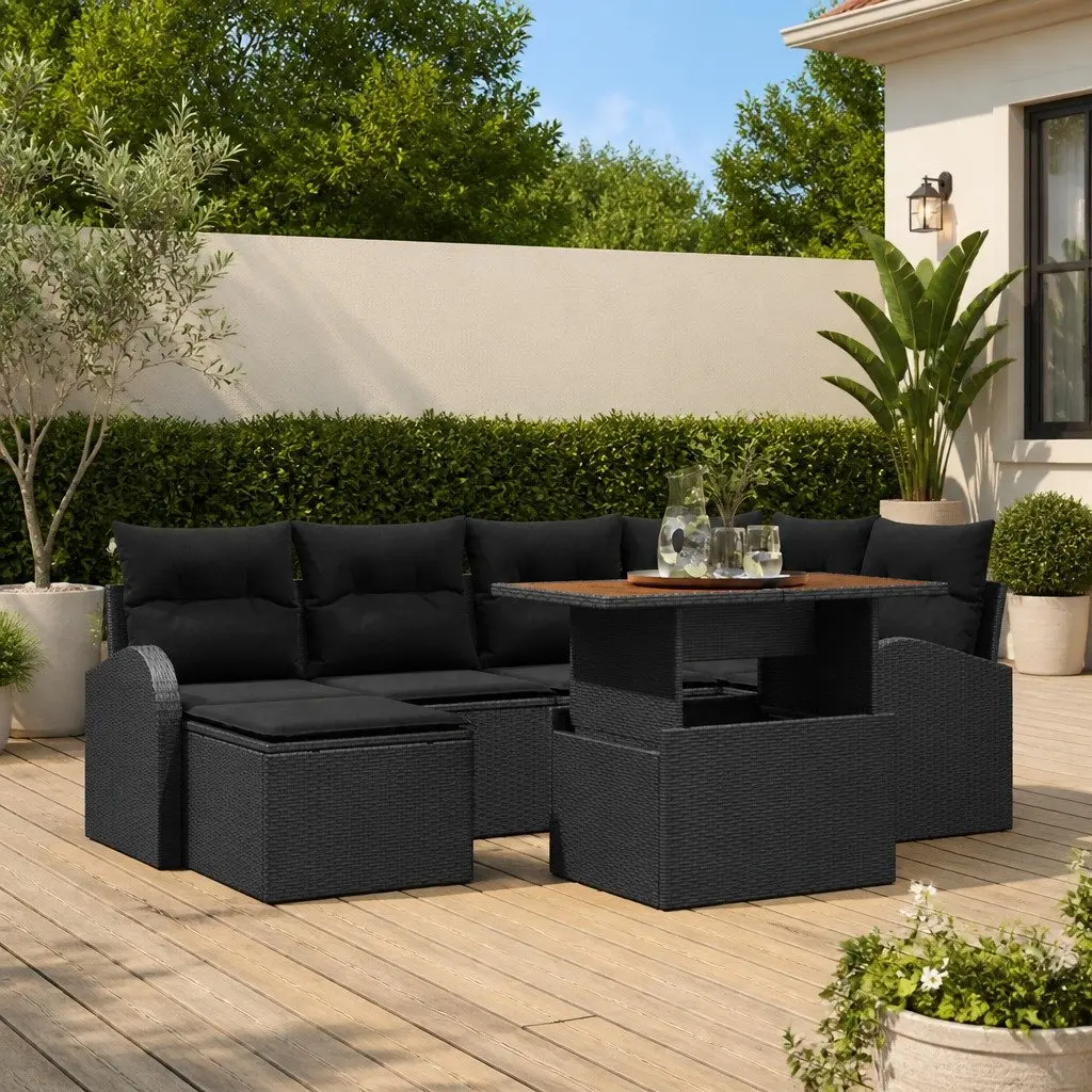 7-Piece Black Poly Rattan Modular Outdoor Sofa Set