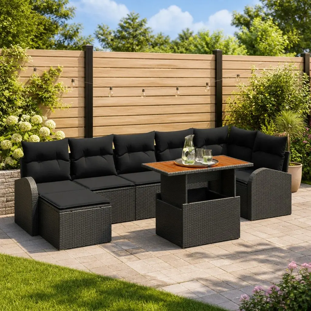 Outdoor Sofa Set Poly Rattan 8 Piece Modular Black with Storage