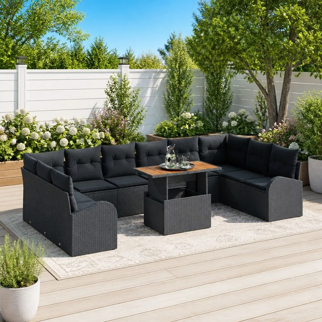Modular 11-Piece Black Garden Sofa Set with Storage