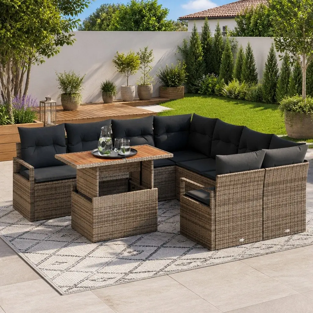 Garden Sofa Set Poly Rattan 9 Pieces Grey Outdoor Furniture