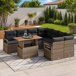 9-Piece Grey Poly Rattan Garden Sofa Set with Storage