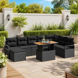 Durable 9-Piece Black Poly Rattan Garden Sofa Set