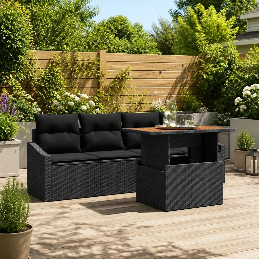Garden Sofa Set 5 pcs Black Poly Rattan Outdoor Furniture with Storage Table