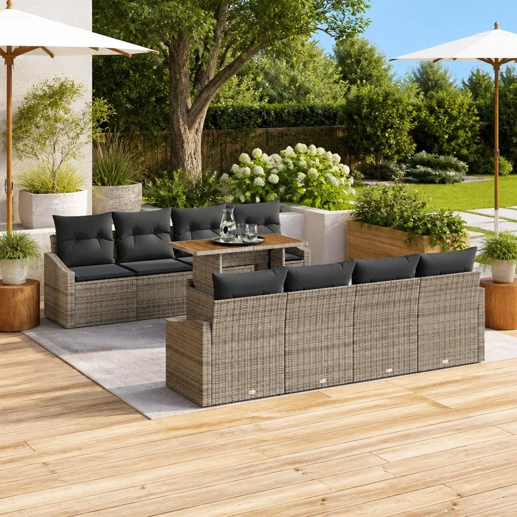 Garden Sofa Set Poly Rattan 9 Pieces Grey Outdoor Furniture with Storage