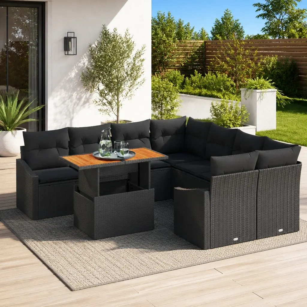 9-Piece Modular Black Rattan Garden Sofa Set