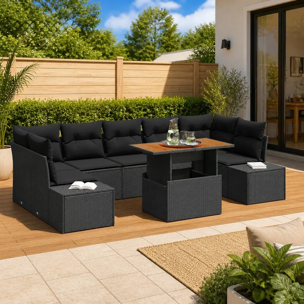 8-Piece Black Poly Rattan Garden Sofa Set