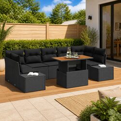8-Piece Black Poly Rattan Garden Sofa Set