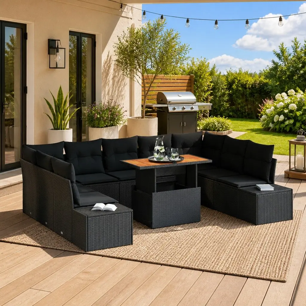 10pc Modular Garden Sofa Set in Black Poly Rattan