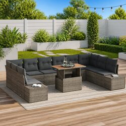 11-Piece Grey Poly Rattan Garden Sofa Set for Outdoors