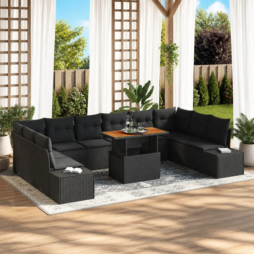 11 Piece Black Poly Rattan Garden Sofa Set