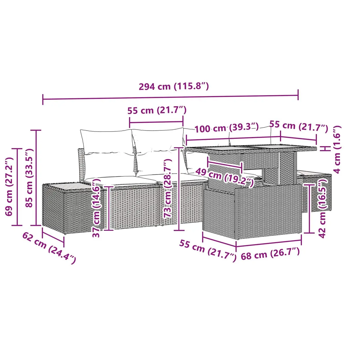 5-Piece Black Modular Outdoor Sofa Set with Storage