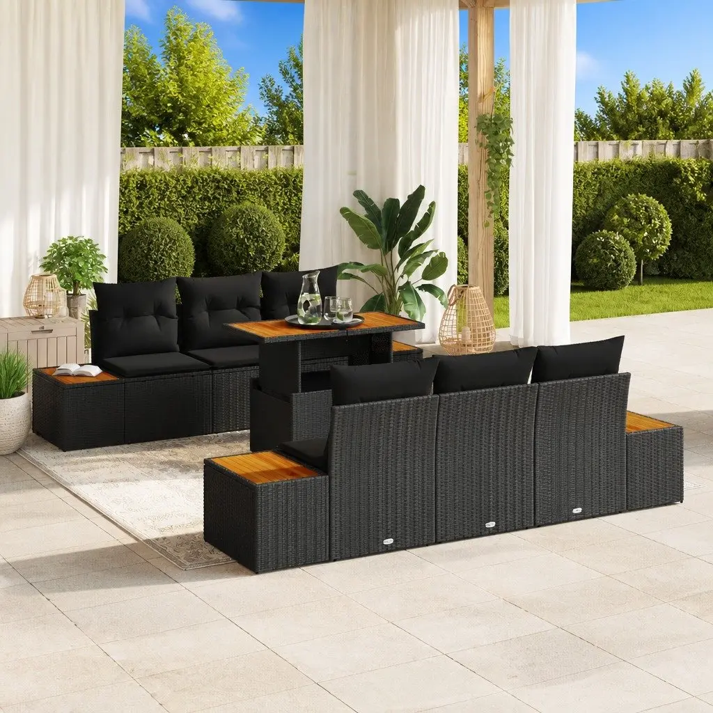 7-Piece Modular Black Garden Sofa Set with Storage