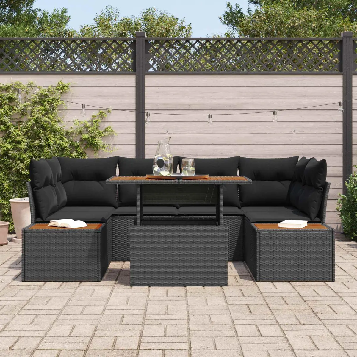 7-Piece Black Poly Rattan Garden Sofa Set