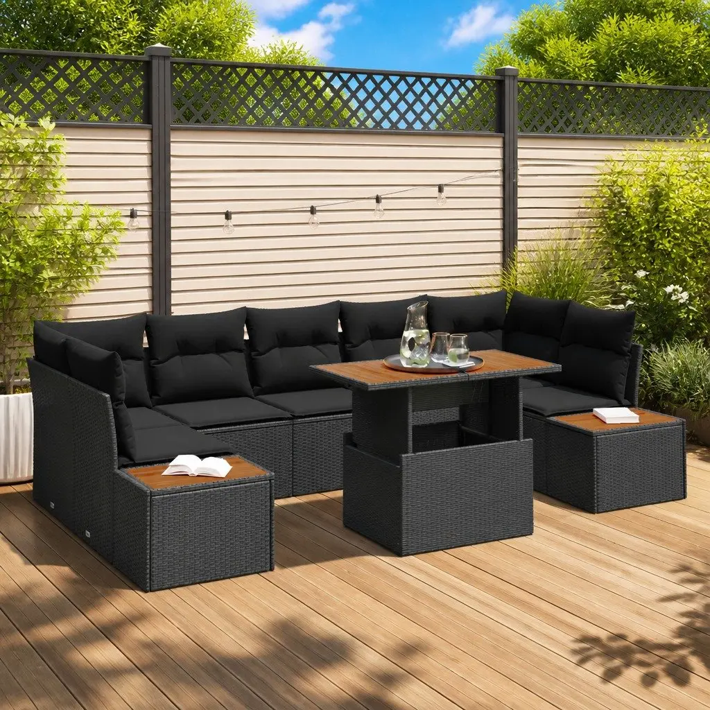 Modular 8-Piece Black Poly Rattan Garden Sofa Set