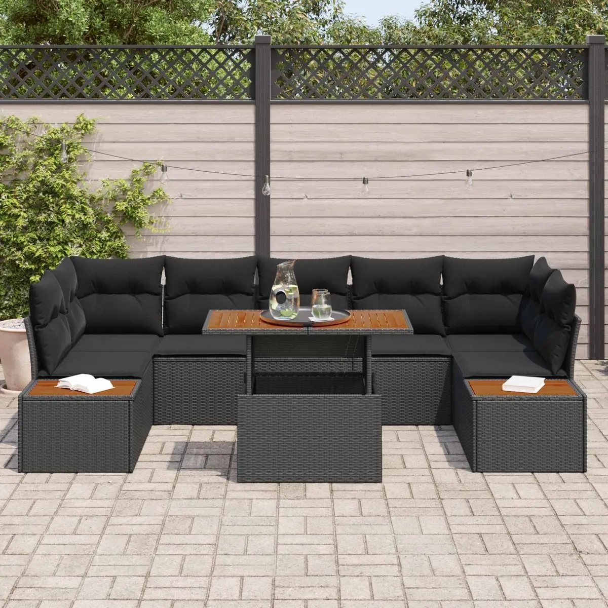 Modular 8-Piece Black Poly Rattan Garden Sofa Set