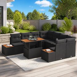 9-Piece Black Poly Rattan Garden Sofa Set with Storage