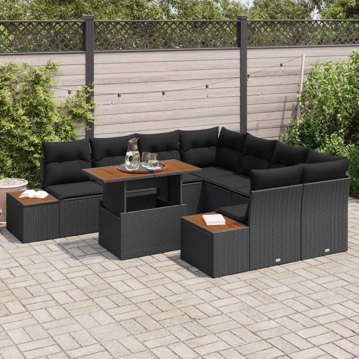 9-Piece Black Poly Rattan Garden Sofa Set with Storage