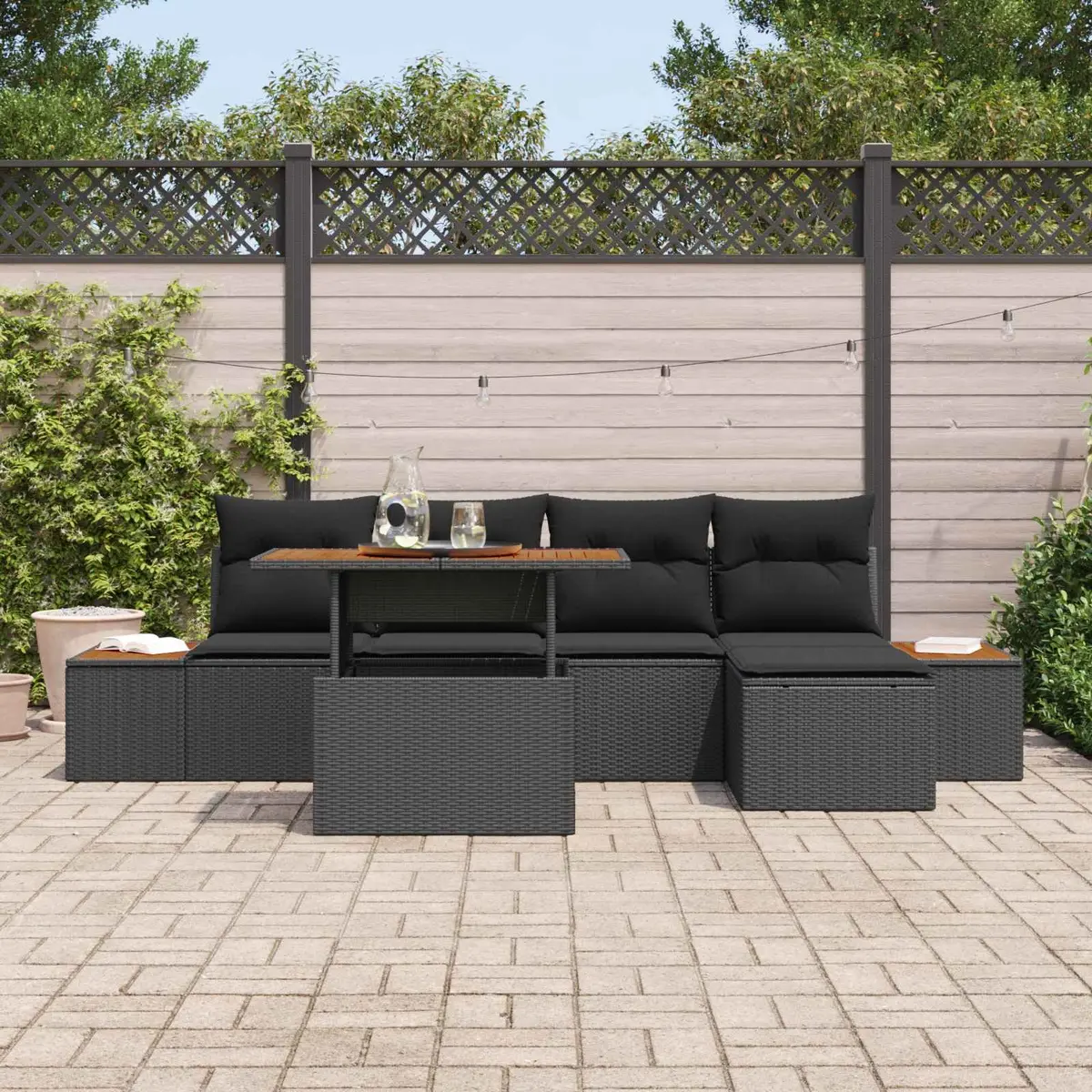 Garden Sofa Set 6 Pcs Black Poly Rattan Outdoor Furniture Modular Lounge with