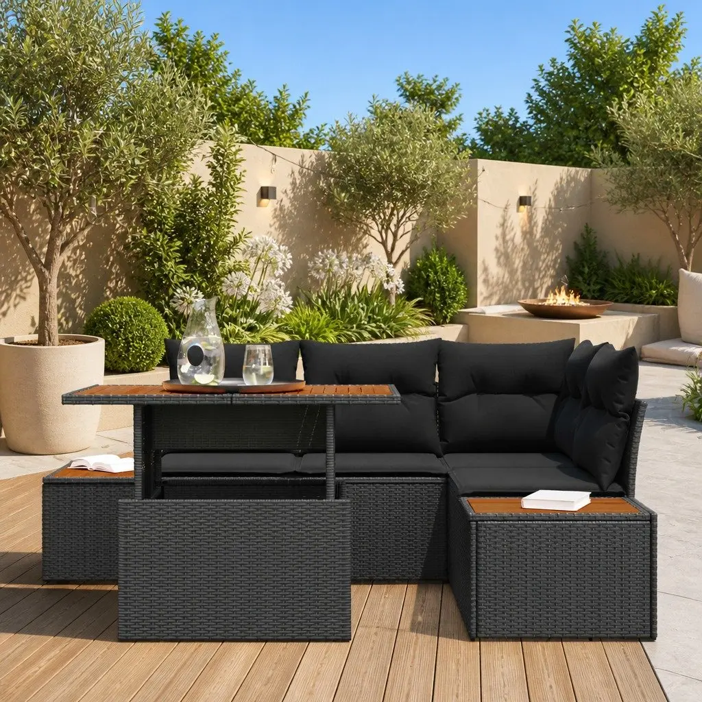 Modular Garden Sofa Set Poly Rattan 5 Piece Black Outdoor Furniture