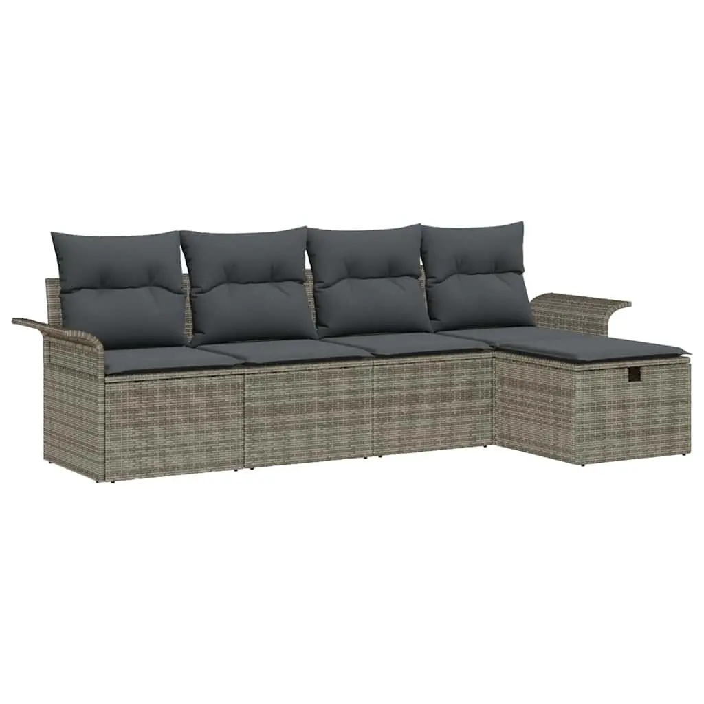 5-Piece Grey Poly Rattan Outdoor Sofa Set with Cushions