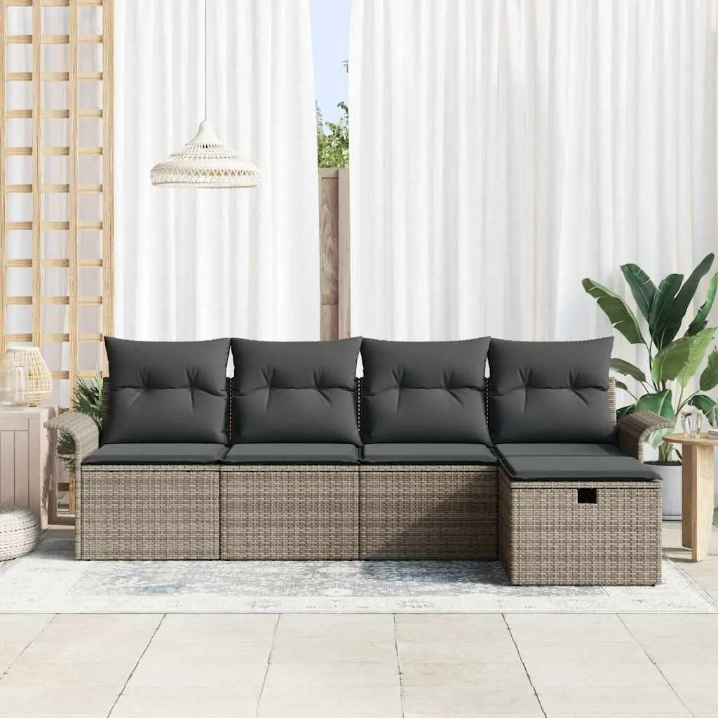 5-Piece Grey Poly Rattan Outdoor Sofa Set with Cushions