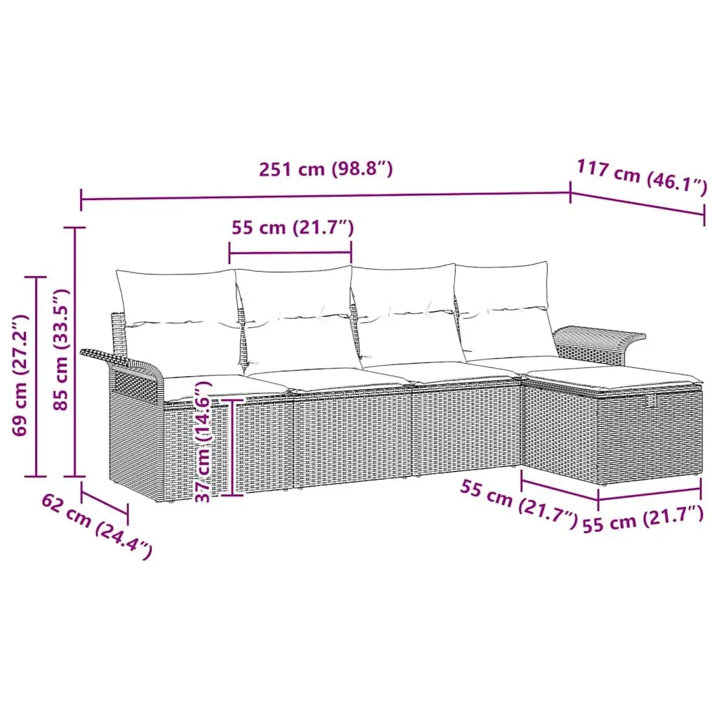 5-Piece Grey Poly Rattan Outdoor Sofa Set with Cushions
