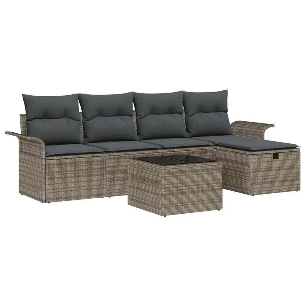 6-Piece Grey Poly Rattan Sofa Set with Storage Cushions