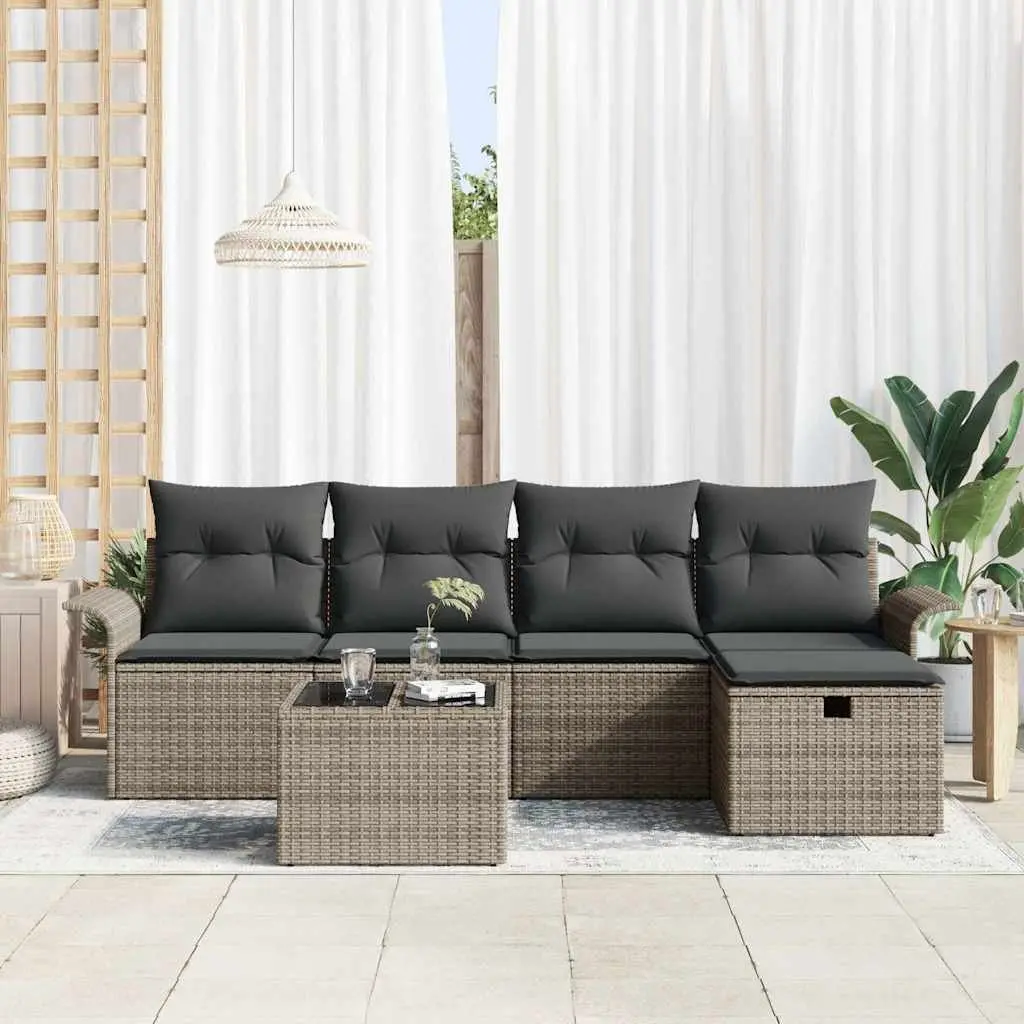 6-Piece Grey Poly Rattan Sofa Set with Storage Cushions