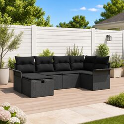 6-Piece Black Poly Rattan Outdoor Garden Sofa Set