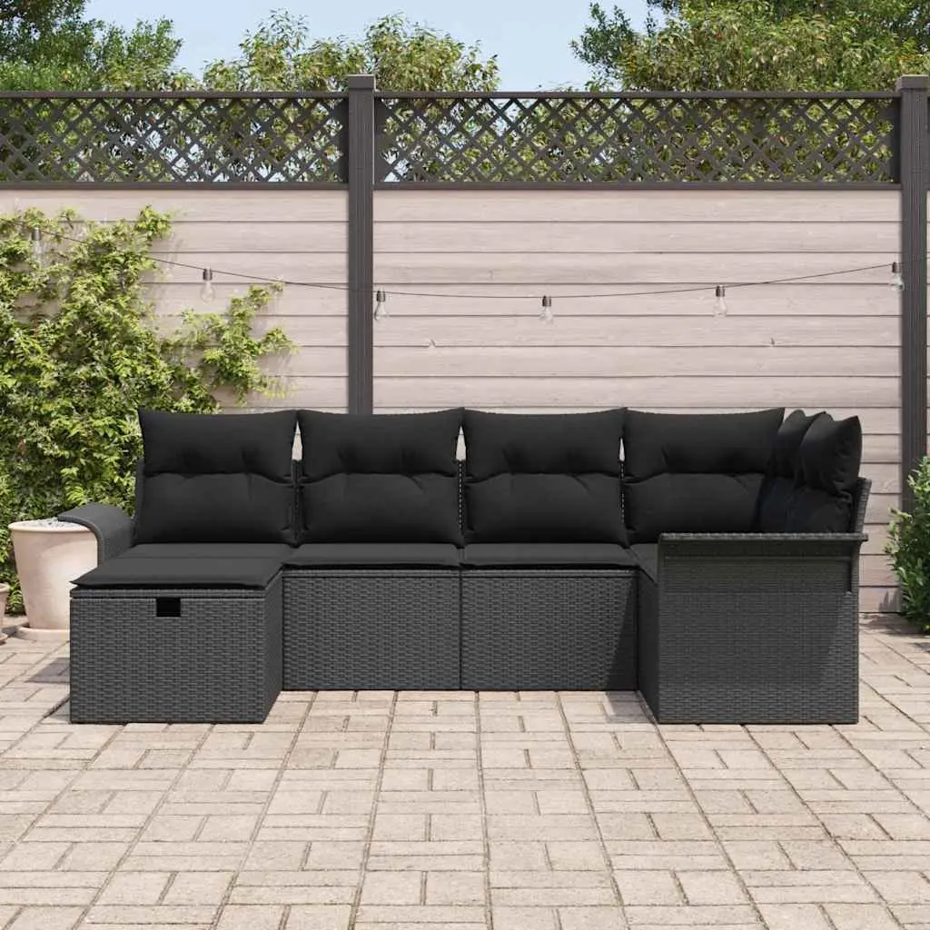 Outdoor Garden Sofa Set Poly Rattan 6 Piece Black with Cushions Modern Patio
