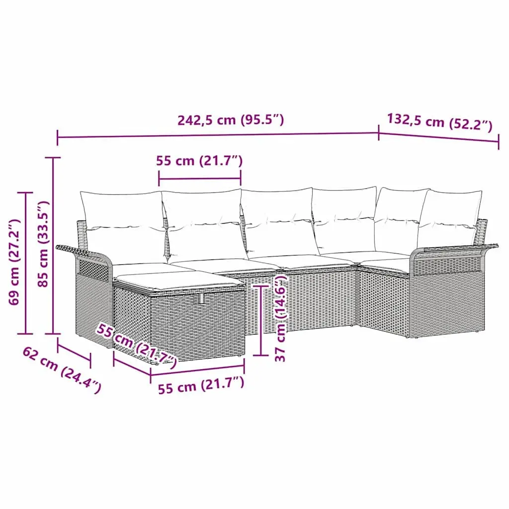 Outdoor Garden Sofa Set Poly Rattan 6 Piece Black with Cushions Modern Patio