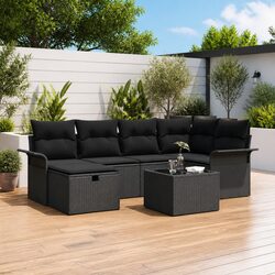 7-Piece Black Poly Rattan Garden Sofa Set with Cushions
