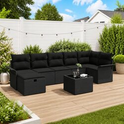 Modular Black Poly Rattan 8-Piece Outdoor Sofa Set