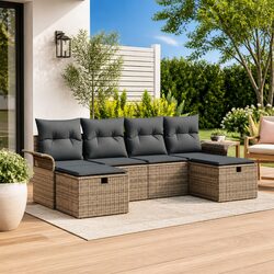 Grey Poly Rattan Garden Sofa Set with Cushions - 6 Pieces