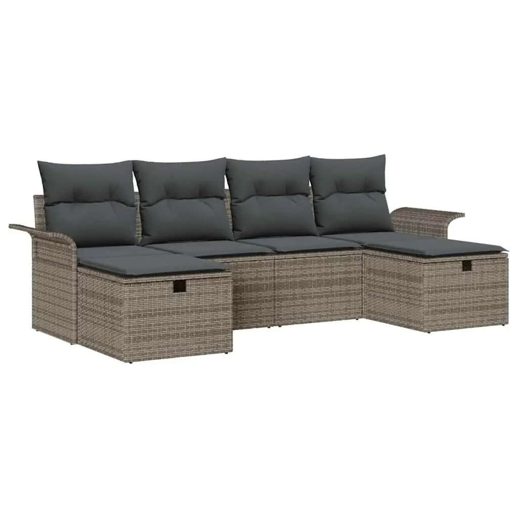 Garden Sofa Set Poly Rattan 6 Pieces Grey Outdoor Patio Furniture with Cushions