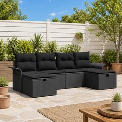 Garden Sofa Set 6 Piece Outdoor Seating Black Poly Rattan Modular Patio