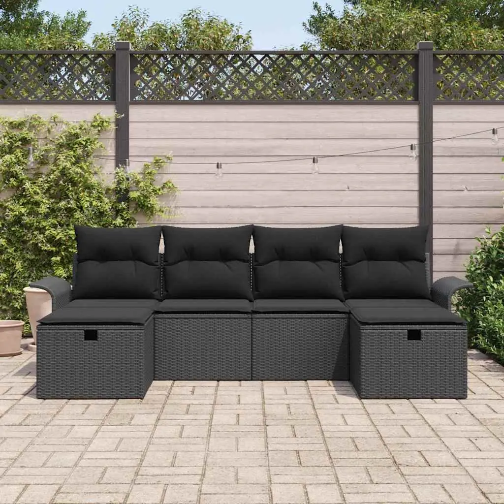 6-Piece Black Poly Rattan Garden Sofa Set for Outdoors