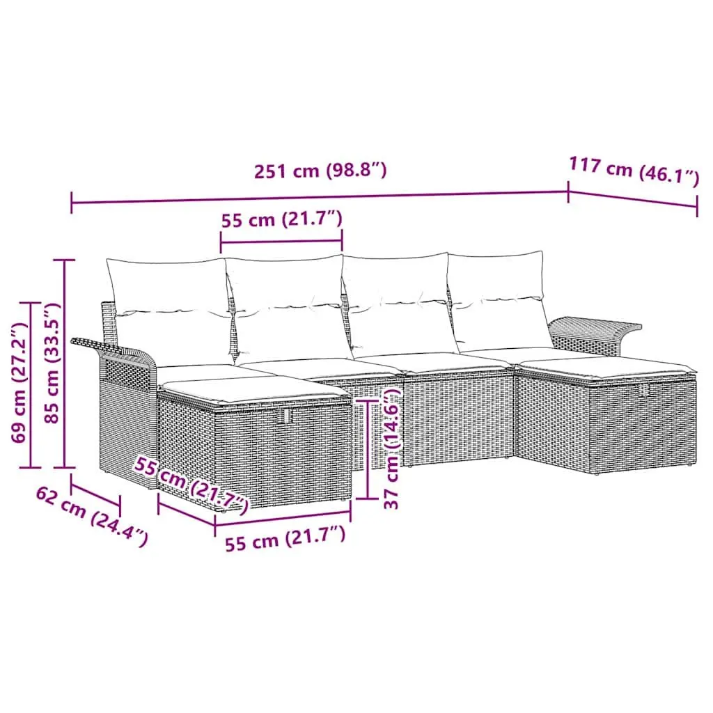 6-Piece Black Poly Rattan Garden Sofa Set for Outdoors